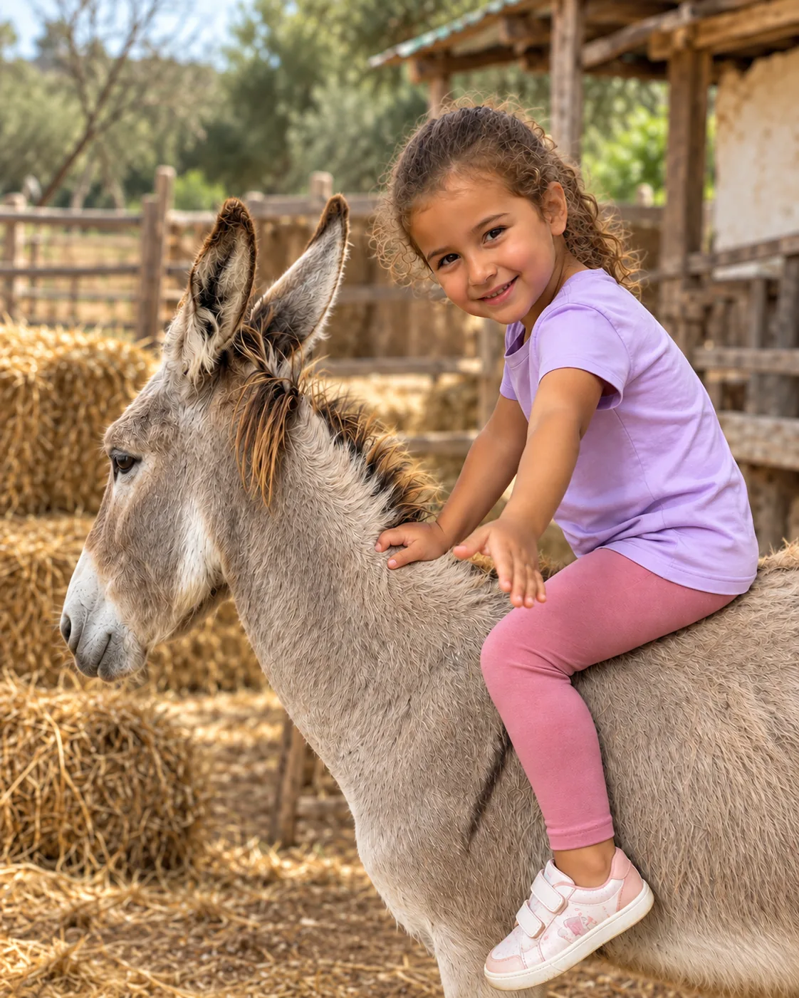 Criança a passear de burro numa quinta da Boa Vista